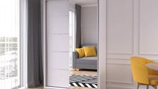 Dulap NEOMI 05, usi glisante, oglinda, 6 rafturi, bara de haine, alb, 120x61x200 cm