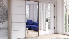 Dulap VISTA 05, usi glisante, oglinda, 6 rafturi, bara de haine, corp sonoma, front alb, 150x61x200 cm