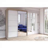Dulap VISTA 05, usi glisante, oglinda, 6 rafturi, bara de haine, corp sonoma, front alb, 150x61x200 cm - 1