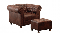Fotoliu CHESTERFIELD cu taburet si arcuri, maro inchis, 105x90x80 cm