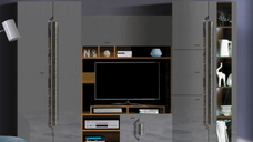 Living DAVOS Z.P., 4 corpuri, cu lumini LED si soft close, corp PAL nuc inchis, fronturi MDF gri, 310x58x196 cm