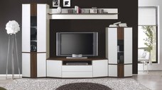 Living DONA 2, 4 corpuri, corp PAL Frasin Shimo + front MDF alb, 297x45x208 cm