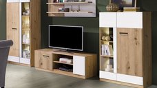 Living MARTIN Z.A., 4 corpuri, cu lumini LED, corp PAL artisan, fronturi MDF alb lucios si artisan, 305x53x195 cm