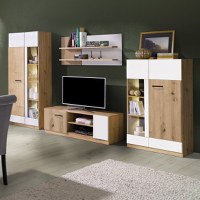 Living MARTIN Z.A., 4 corpuri, cu lumini LED, corp PAL artisan, fronturi MDF alb lucios si artisan, 305x53x195 cm - 1