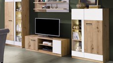 Living MARTIN Z.A., 4 corpuri, cu lumini LED, corp PAL artisan, fronturi MDF alb lucios si artisan, 305x53x195 cm