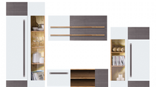 Living MARTIN Z.A., 4 corpuri, cu lumini LED, corp PAL artisan, fronturi MDF alb lucios si gri mat, 305x53x195 cm