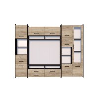 Living MOKKA II, 3 corpuri, corp PAL maro inchis, fronturi PAL stejar, 232x53x200 cm - 1