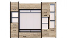 Living MOKKA II, 3 corpuri, corp PAL maro inchis, fronturi PAL stejar, 232x53x200 cm