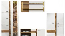 Living VAL GARDENA Z.A., 4 corpuri, cu lumini LED, corp PAL nuc, fronturi MDF late lucios, 302x53x199 cm