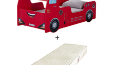 Pat pentru copii masina FIRE TRUCK, rosu + Saltea Superortopedica cu arcuri, 90x190 cm