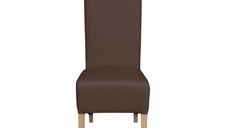 Scaun Vanessa pentru living, cu picioare din lemn natural si tapiterie din piele ecologica maro deschis, dimensiuni 47x60x110 cm
