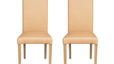 Set 2 scaune living TEO, picioare lemn natur, piele ecologica bej, 46x60x98 cm