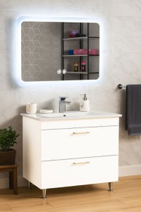 Set Baza cu Lavoar si Oglinda cu iluminare LED, seria 067, cu sertare, 80 cm, alb - 1