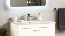 Set Baza cu Lavoar si Oglinda cu iluminare LED, seria 067, cu sertare, 80 cm, alb