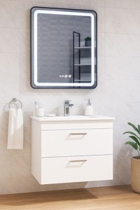 Set Baza cu Lavoar si Oglinda cu iluminare LED seria 067, suspendata cu sertare, 70 cm, alb - 1