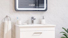 Set Baza cu Lavoar si Oglinda cu iluminare LED seria 067, suspendata cu sertare, 70 cm, alb