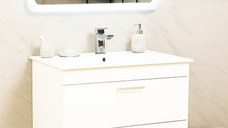 Set Baza cu Lavoar si Oglinda cu iluminare LED, seria 067, suspendata cu sertare, 80 cm, alb