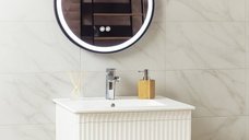 Set Baza front MDF cu Lavoar si Oglinda cu iluminare LED, seria 009, suspendata, cu sertare, 60 cm, alb