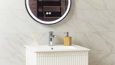 Set Baza front MDF cu Lavoar si Oglinda cu iluminare LED, seria 009, suspendata, cu sertare, 60 cm, alb