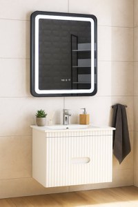 Set Baza front MDF cu Lavoar si Oglinda cu iluminare LED, seria 009, suspendata, cu sertare, 70 cm, alb - 1