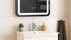 Set Baza front MDF cu Lavoar si Oglinda cu iluminare LED, seria 009, suspendata, cu sertare, 70 cm, alb