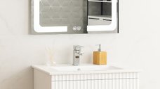Set Baza front MDF cu Lavoar si Oglinda cu iluminare LED, seria 009, suspendata, cu sertare, 80 cm, alb