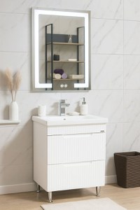 Set Baza front MDF cu Lavoar si Oglinda cu iluminare LED, seria 733, cu sertare, montat, 60 cm, alb - 1