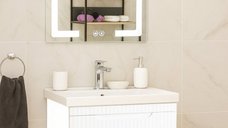 Set Baza front MDF cu Lavoar si Oglinda cu iluminare LED, seria 733, suspendata, cu sertare, montat, 60 cm, alb