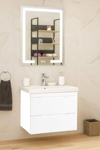 Set Baza front MDF cu Lavoar si Oglinda cu iluminare LED, seria 733, suspendata, cu sertare, montat, 60 cm, alb - 1