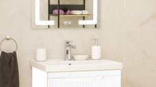 Set Baza front MDF cu Lavoar si Oglinda cu iluminare LED, seria 733, suspendata, cu sertare, montat, 60 cm, alb
