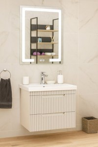 Set Baza front MDF cu Lavoar si Oglinda cu iluminare LED, seria 733, suspendata, cu sertare, montat, 60 cm, crem - 1