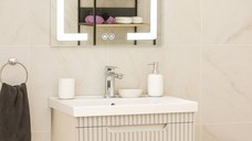 Set Baza front MDF cu Lavoar si Oglinda cu iluminare LED, seria 733, suspendata, cu sertare, montat, 60 cm, crem