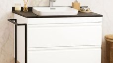 Set Baza Front MDF si Lavoar 633, 80 cm, Alb Rustic, cu Sertare si Cadru Metalic