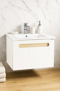 Set Baza front MDF si Lavoar seria 032, suspendata, cu sertar, montat, 60 cm, alb + sonoma - 1