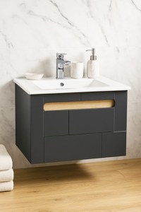 Set Baza front MDF si Lavoar seria 032, suspendata, cu sertar, montat, 60 cm, antracit + sonoma - 1