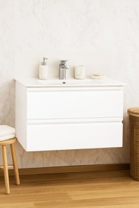 Set Baza front MDF si Lavoar seria 086, suspendata, cu sertare, montat, 80 cm, alb - 1