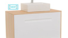 Set Baza front MDF si Lavoar seria 401, suspendata cu sertare, 90 cm, alb + fag