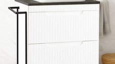 Set Baza front MDF si Lavoar seria 633, cu sertare, cadru metalic, 60 cm, alb rustic