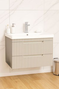 Set Baza front MDF si Lavoar seria 733, suspendata, cu sertare, montat, 70 cm, crem - 1