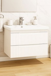 Set Baza front MDF si Lavoar seria 733, suspendata, cu sertare, montat, 80 cm, alb rustic - 1