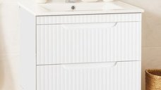 Set Baza Suspendata MDF cu Lavoar Seria 033, 60 cm, Alb Rustic, cu Sertare
