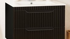 Set Baza Suspendata MDF cu Lavoar Seria 033, 70 cm, Negru, cu Sertare