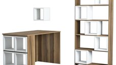 Set birou si biblioteca BOX, 3 piese, finisaj nuc si alb