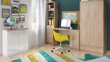 Set birou TOP MIX, 4 piese, dulap 2 usi, birou, biblioteca, comoda, stejar sonoma + alb