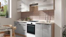 Set Bucatarie FAVORIT B Plus, L 270, 7 corpuri, fara blat termorezistent, corp sonoma, fronturi corpuri superioare alb lucios + fronturi corpuri inferioare latte lucios