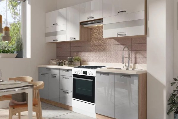 Set Bucatarie FAVORIT B Plus, L 270, 7 corpuri, fara blat termorezistent, corp sonoma, fronturi corpuri superioare alb lucios + fronturi corpuri inferioare latte lucios