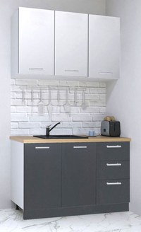 Set bucatarie GERMANIA 120 cm, 4 corpuri, 3 sertare, blat gros, antracit + alb - 1