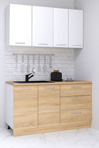 Set bucatarie GERMANIA 140 cm, 4 corpuri, 3 sertare, blat gros, sonoma + alb - 1