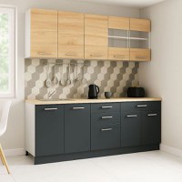 Set bucatarie GERMANIA 200 cm, 6 corpuri, 4 sertare, blat gros, antracit + sonoma - 1