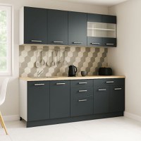 Set bucatarie GERMANIA 200 cm, 6 corpuri, 4 sertare, blat gros, antracit - 1